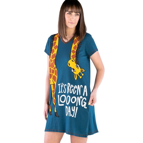 LazyOne Women's Nightgown, Funny V-Neck Sleep Shirt for Women (Long Day Giraffe, L/XL)