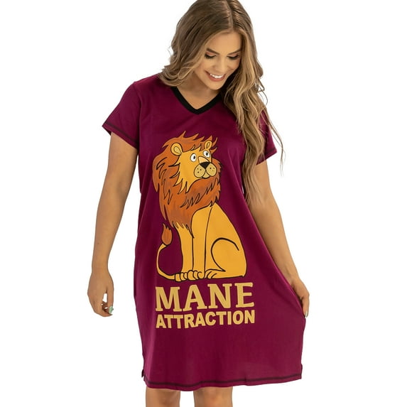 LazyOne Women's Nightgown, Funny V-Neck Sleep Shirt for Women (Mane Attraction, L/XL)
