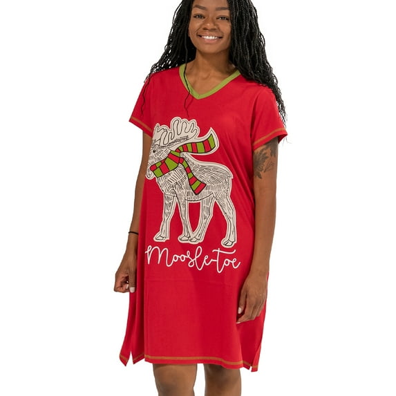 LazyOne Women's Nightgown, Funny V-Neck Sleep Shirt for Women (Moosletoe, S/M)