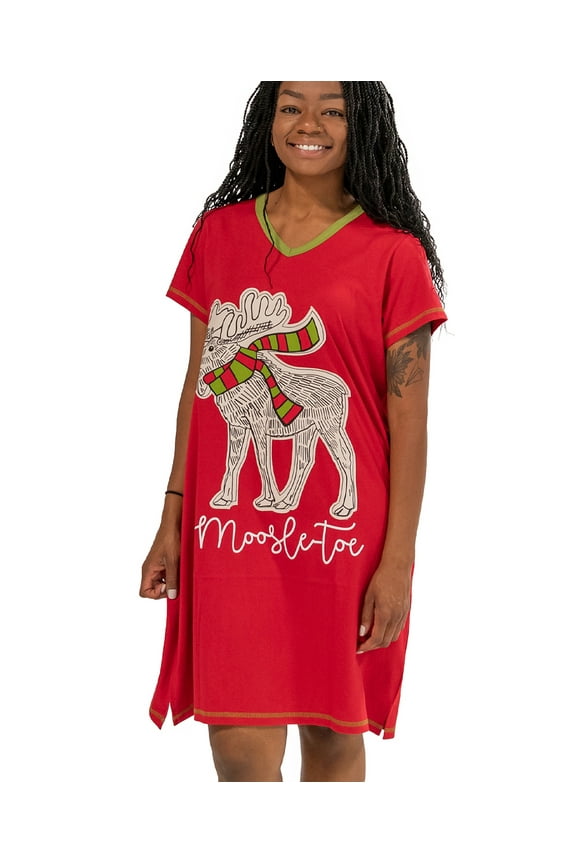 LazyOne Women's Nightgown, Funny V-Neck Sleep Shirt for Women (Moosletoe, S/M)