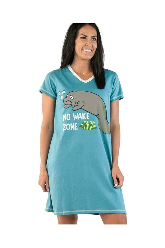 LazyOne Women's Nightgown, Funny V-Neck Sleep Shirt for Women (No Wake Zone, S/M)