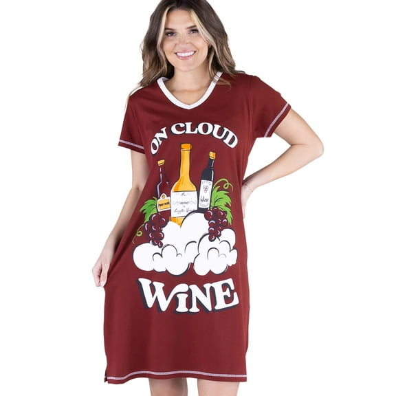 LazyOne Women's Nightgown, Funny V-Neck Sleep Shirt for Women (On Cloud Wine, S/M)