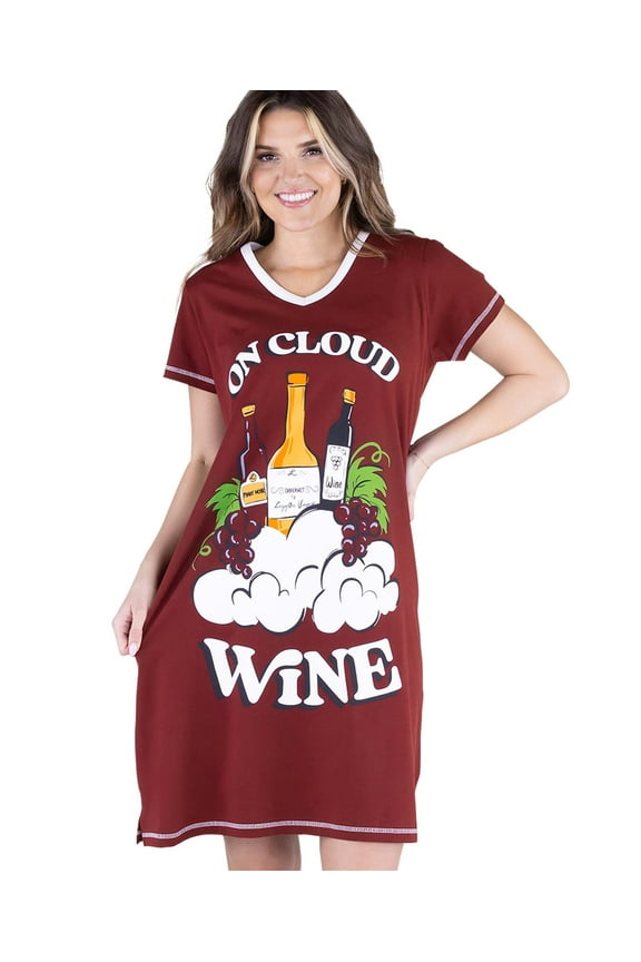 LazyOne Women's Nightgown, Funny V-Neck Sleep Shirt for Women (On Cloud Wine, S/M)