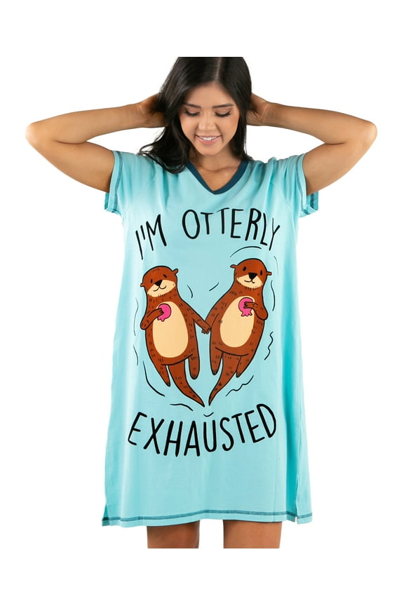 LazyOne Women's Nightgown, Funny V-Neck Sleep Shirt for Women (Otterly Exhausted, XXL)