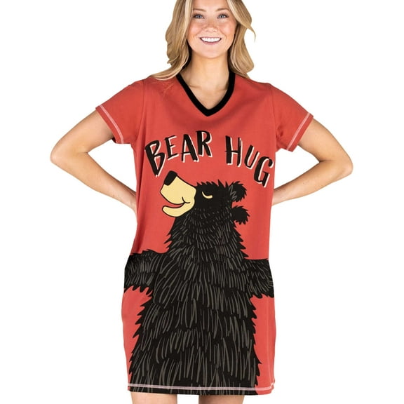 LazyOne Women's Nightgown, Funny V-Neck Sleep Shirt for Women (Pink-Red Bear Hug, L/XL)