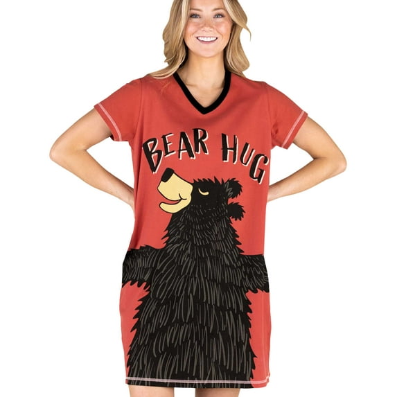 LazyOne Women's Nightgown, Funny V-Neck Sleep Shirt for Women (Pink-Red Bear Hug, L/XL)