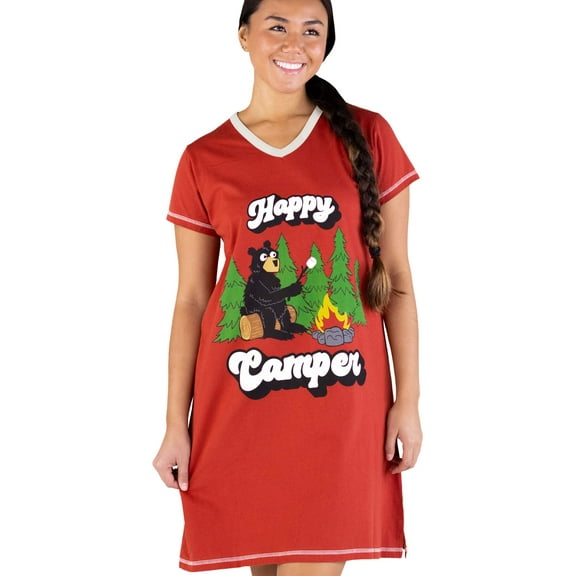 LazyOne Women's Nightgown, Funny V-Neck Sleep Shirt for Women (Red Happy Camper, L/XL)