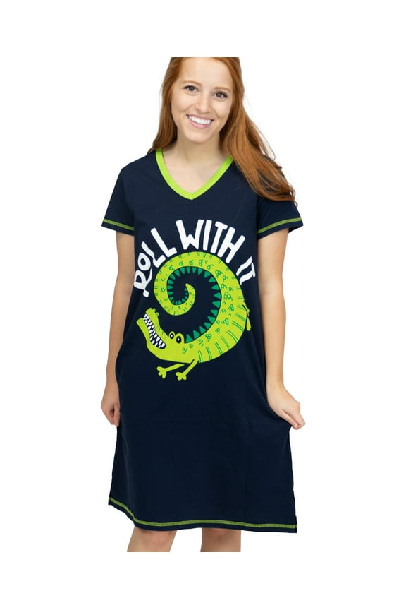 LazyOne Women's Nightgown, Funny V-Neck Sleep Shirt for Women (Roll With It, S/M)