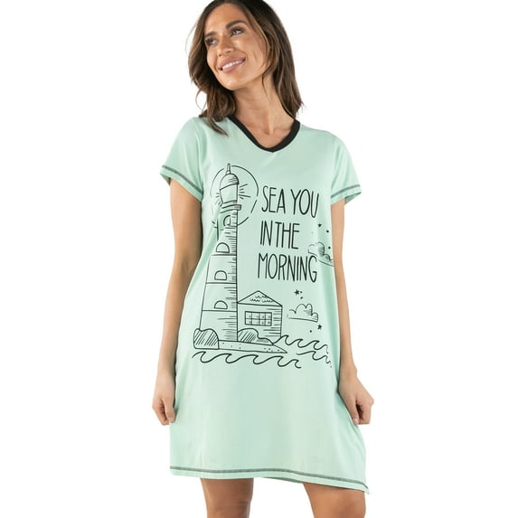 LazyOne Women's Nightgown, Funny V-Neck Sleep Shirt for Women (Sea You In AM, L/XL)