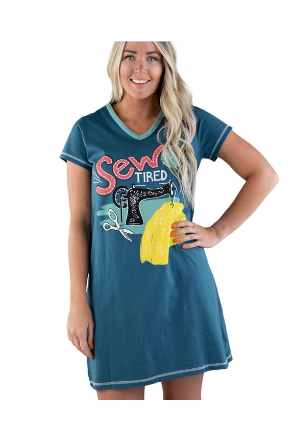 LazyOne Women's Nightgown, Funny V-Neck Sleep Shirt for Women (Sew Tired, L/XL)
