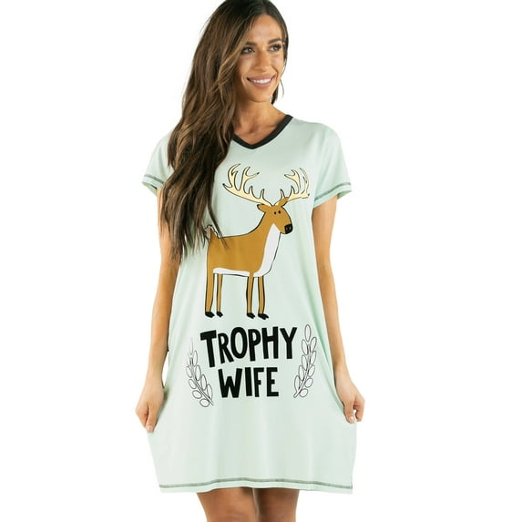 LazyOne Women's Nightgown, Funny V-Neck Sleep Shirt for Women (Trophy Wife Blue, L/XL)