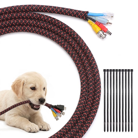 LazySpin 10ft - 1/2 inch Cord Protectors, Wire Cover Cable Wrap Sleeve for Pets, Black&Red