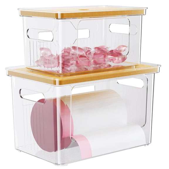 LazySpin 2 Pack Acrylic Trash Bag Holder with Bamboo Lid, Stackable Garbage Bag Dispenser , Clear Organizer Bins for Under Sink Organization, Pantry Storage, Cabinet, Kitchen, Laundry Room