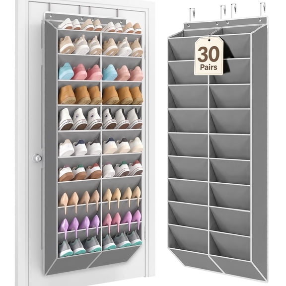 LazySpin 20-30 Pairs Over the Door Shoe Organizer, Pockets Hanging Shoe Storage for Closet, 10-Tier Door Shoes Rack, Handing Shoes Holder for Sneakers, Boots, Heels, Gray