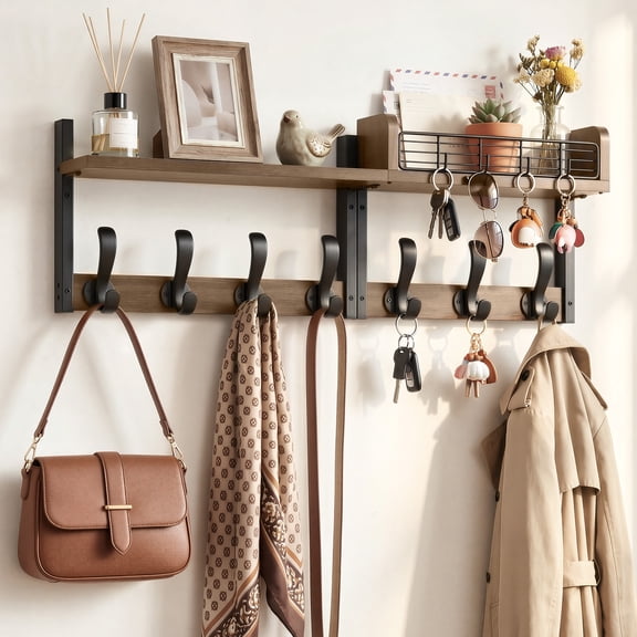 LazySpin Wall Mounted Coat Rack with Shelf, 29" 4 in 1 Coat and Key Hanger with 11 Hooks, Brown