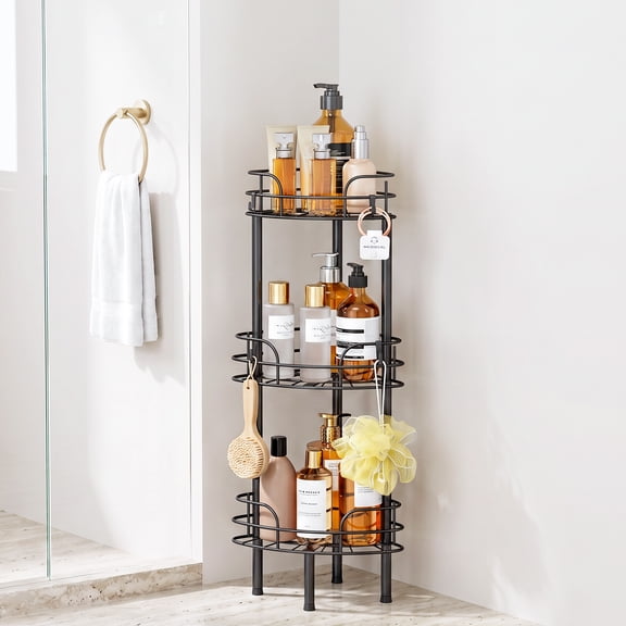 LazySpin Corner Shower Caddy Standing, 3-Shelf Floor Shower Organizer Rack for Bathroom, Black
