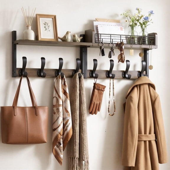 LazySpin 32" Wall Mount Coat Rack with Shelf, 4 in 1 Coat Key Hanger with Shelf, Wooden Entryway Wall Organizer with Hooks, Brown