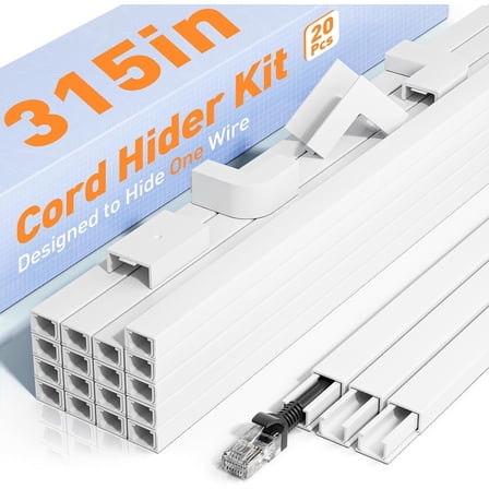 LazySpin 315in Cord Covers with Easy Mount Cable Cover Management Kit, White