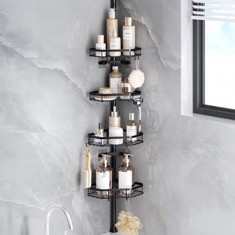 LazySpin 4-Shelf Corner Shower Caddy Tension Pole, Adjustable Shower Organizer Rack 19.7 to 113.8 inches, Black