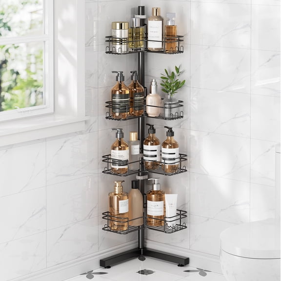 LazySpin 4-Tier Corner Shower Shelf, Freestanding Shower Caddy Corner with Adjustable Baskets, Metal Bathroom Organizer, Black