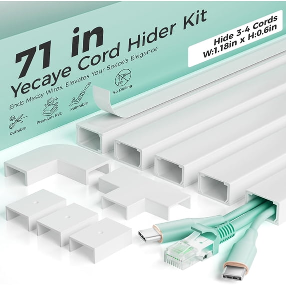 LazySpin 71" Cord Cover, Large TV Cord Hider for Wall Mounted TV, W1.18 H0.6in, White