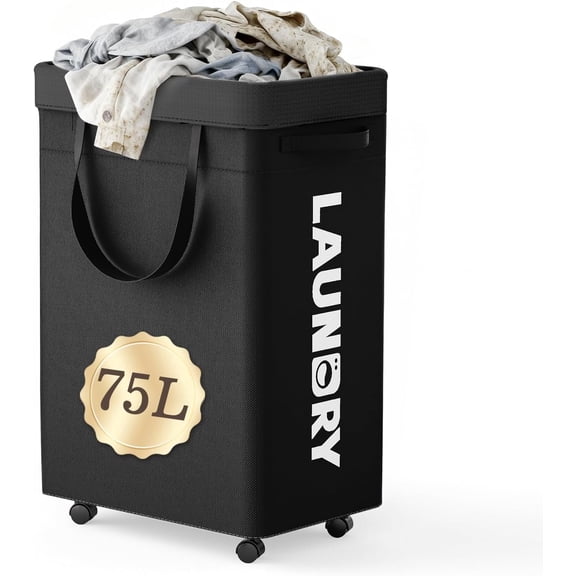 LazySpin 75L Laundry Basket with Wheels, Rolling Dirty Clothes Slim Hamper, Black