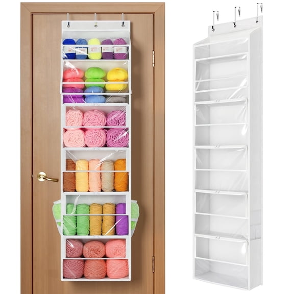 LazySpin Hanging Yarn Storage Organizer with 6 Zipper Closure Compartments, Large Capacity Knitting Organizer Storage, White