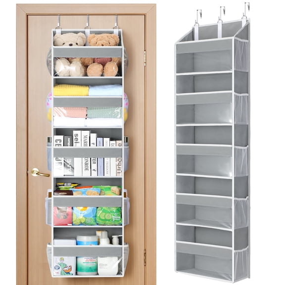 LazySpin Heavy Duty Over the Door Organizer with 5 Tiers & 5 Large Pockets, Hanging Storage Closet Door Organizer with 10 Side Pockets & PVC View for Bathroom, Bedroom, Pantry, Nursery, Gray