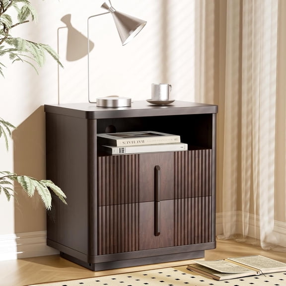 LazySpin Nightstand with Charging Station, 22.8" Walnut Night Stand with 2 Storage Drawers, Dark Brown