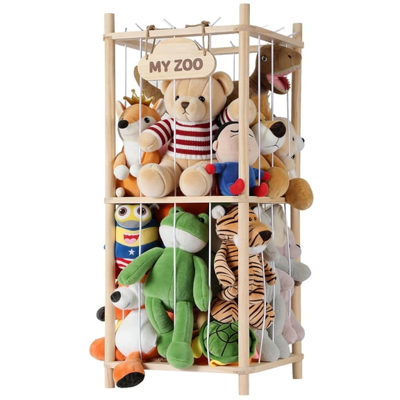 LazySpin Stuffed Animal Storage Zoo, Wooden Plushies Toy Holder Organizer with Elastic Cords