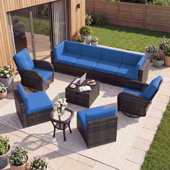 LazySunsets 10 Pieces Patio Conversation Set, Rattan Wicker Outdoor Sectionals with Swing Chairs, Blue/Gray