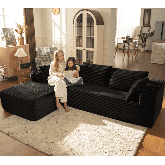 LazySunsets 103" Boneless Couch for Living Room, L-Shaped Modular Sectional Sofa with Wide Armrests and Cup Holders, Corduroy Cloud Cuch No Assembly, Black
