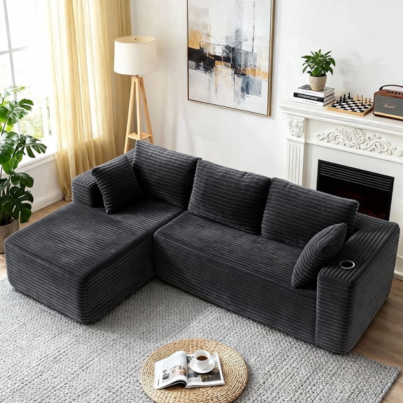 LazySunsets 103" Boneless Couch for Living Room, L-Shaped Modular Sectional Sofa with Wide Armrests and Cup Holders, Corduroy Cloud Cuch No Assembly, Gray