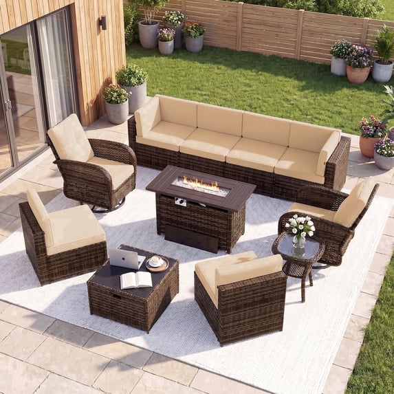 Dateyes 11 Pieces Patio Conversation Set, Rattan Wicker Outdoor Sectionals with Swing Chairs and Fire Pit Table, Beige/Brown