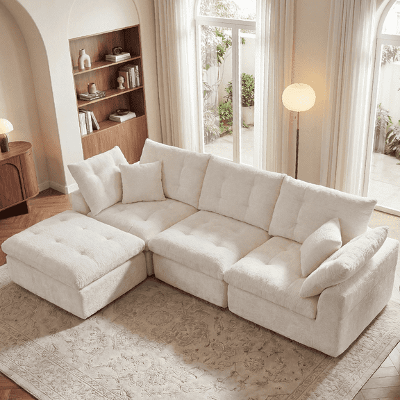 LazySunsets 112" Oversized Modular Sectional L Shaped Sofa, Wide & Deep Seat Boneless Cloud Couch With Multi-Purpose Round Pillow, No Assembly (White)