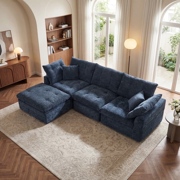 LazySunsets 112" Oversized Modular Sectional L Shaped Sofa, Wide & Deep Seat Boneless Cloud Couch With Multi-Purpose Round Pillow, No Assembly (Blue)