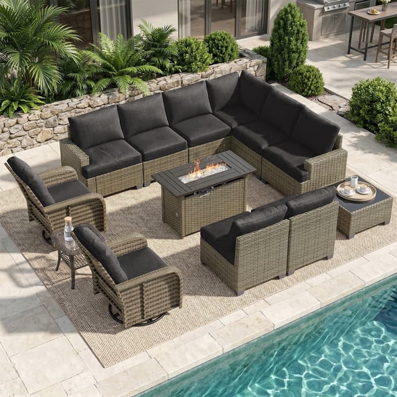 Clouddwell 13 Piece Outdoor Sectional Set with Swivel Rocker Chairs of 2, Patio Conversation Sets with Fire Pit Table, Black