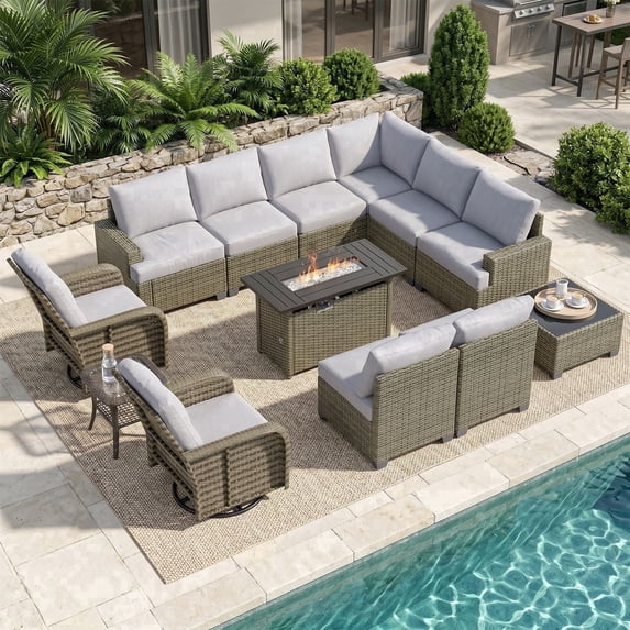 Clouddwell 13 Piece Outdoor Sectional Set with Swivel Rocker Chairs of 2, Patio Conversation Sets with Fire Pit Table, Light Gray
