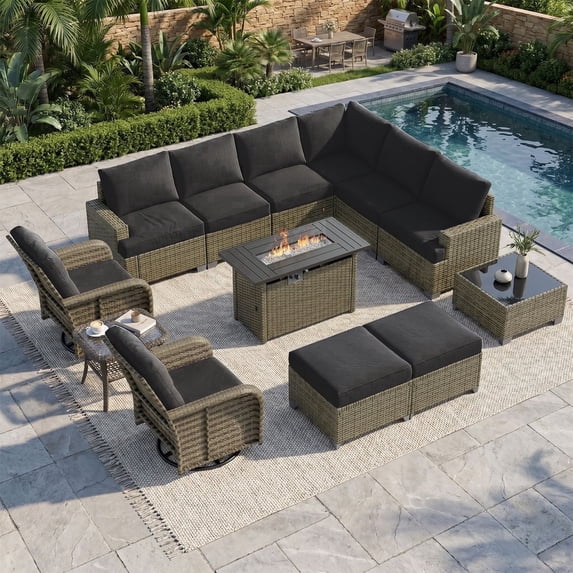 Clouddwell 13 Piece Outdoor Sectional Set with Swivel Rocker Chairs of 2, Patio Conversation Sets with Fire Pit Table and Ottomans, Black