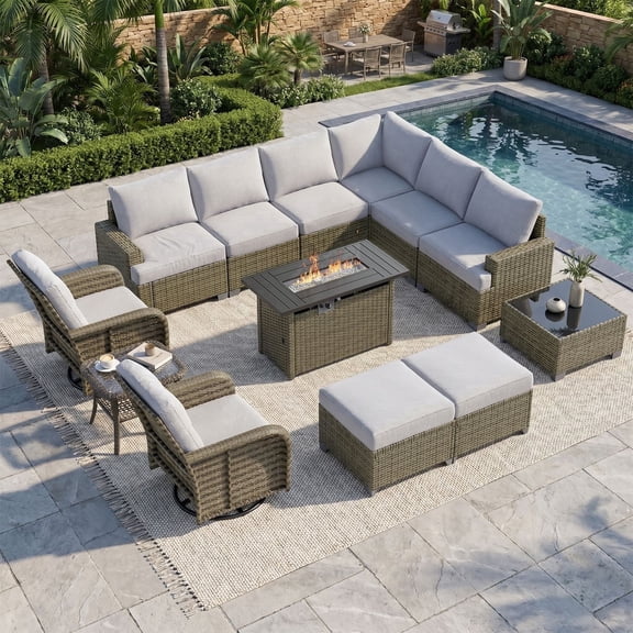 Clouddwell 13 Piece Outdoor Sectional Set with Swivel Rocker Chairs of 2, Patio Conversation Sets with Fire Pit Table and Ottomans, Light Gray