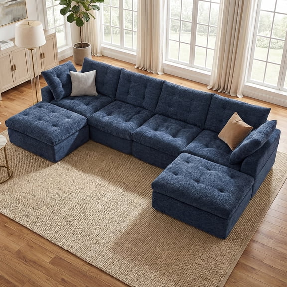 LazySunsets 144" Oversized Modular Sectional U Shaped Sofa, Wide & Deep Seat Boneless Cloud Couch With Multi-Purpose Round Pillow, No Assembly (Blue)