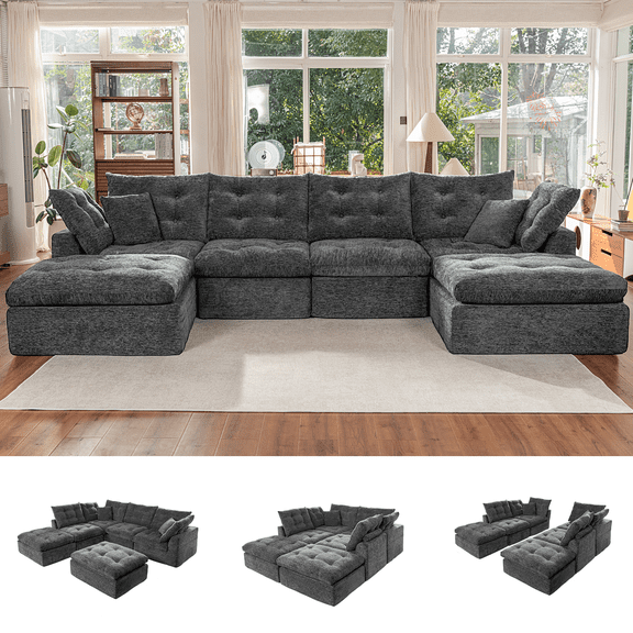LazySunsets 144" Oversized Modular Sectional U Shaped Sofa, Wide & Deep Seat Boneless Cloud Couch With Multi-Purpose Round Pillow, No Assembly (Gar)