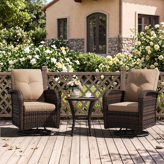 LazySunsets 3 Pieces Patio Furniture Set, Patio Swivel Rocker Chairs Set of 2, Wicker Outdoor Bistro Set with Rocking Chair, Beige/Brown