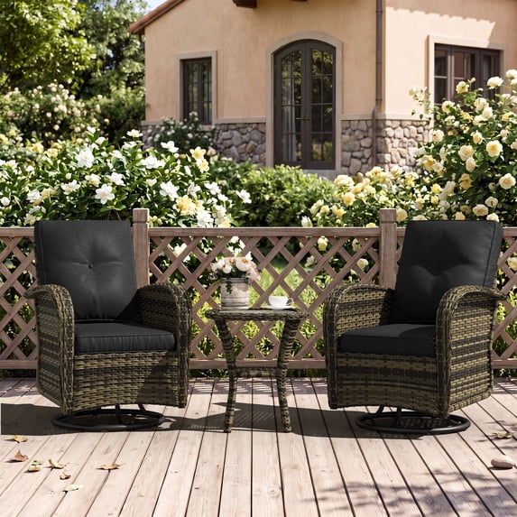 Clouddwell 3 Pieces Patio Furniture Set, Patio Swivel Rocker Chairs Set of 2, Wicker Outdoor Bistro Set with Rocking Chair, Black/Yellow Brown
