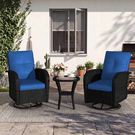 LazySunsets 3 Pieces Patio Furniture Set, Patio Swivel Rocker Chairs Set of 2, Wicker Outdoor Bistro Set with Rocking Chair, Blue/Black