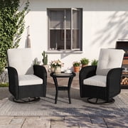LazySunsets 3 Pieces Patio Furniture Set, Patio Swivel Rocker Chairs Set of 2, Wicker Outdoor Bistro Set with Rocking Chair, Off White/Black