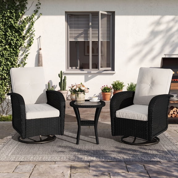 LazySunsets 3 Pieces Patio Furniture Set, Patio Swivel Rocker Chairs Set of 2, Wicker Outdoor Bistro Set with Rocking Chair, Off White/Black