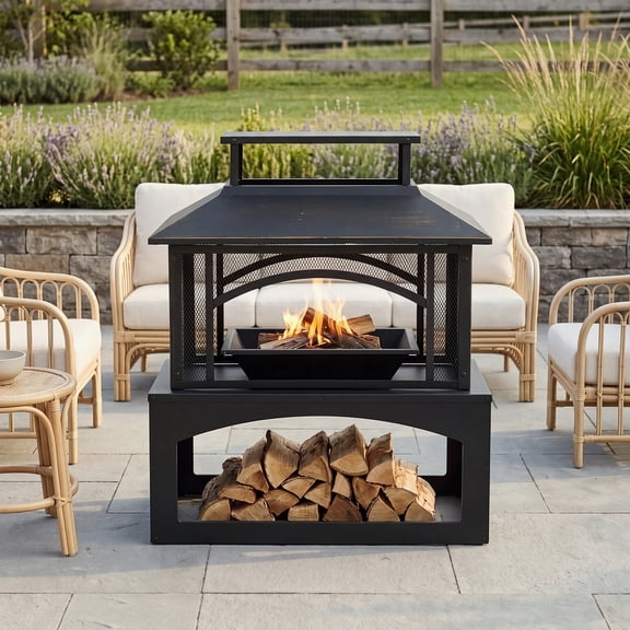 LazySunsets 32 Inch Outdoor Steel Fire Pit with Built‑in Log Storage, 360 Degree Safety Mesh Screen, Large Wood Burning Fireplace for Backyard Patio Garden Party, Black