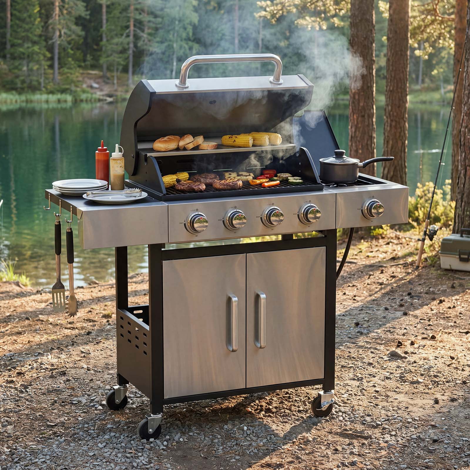 LazySunsets 4 Burner Gas Propane Grill, with 4 Casters, Side Table, and ...