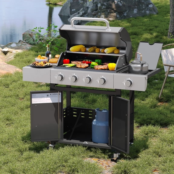 DATEYES 4-Burner Silver Propane Barrel Grill with 4 Casters, Side Table, Thermometer